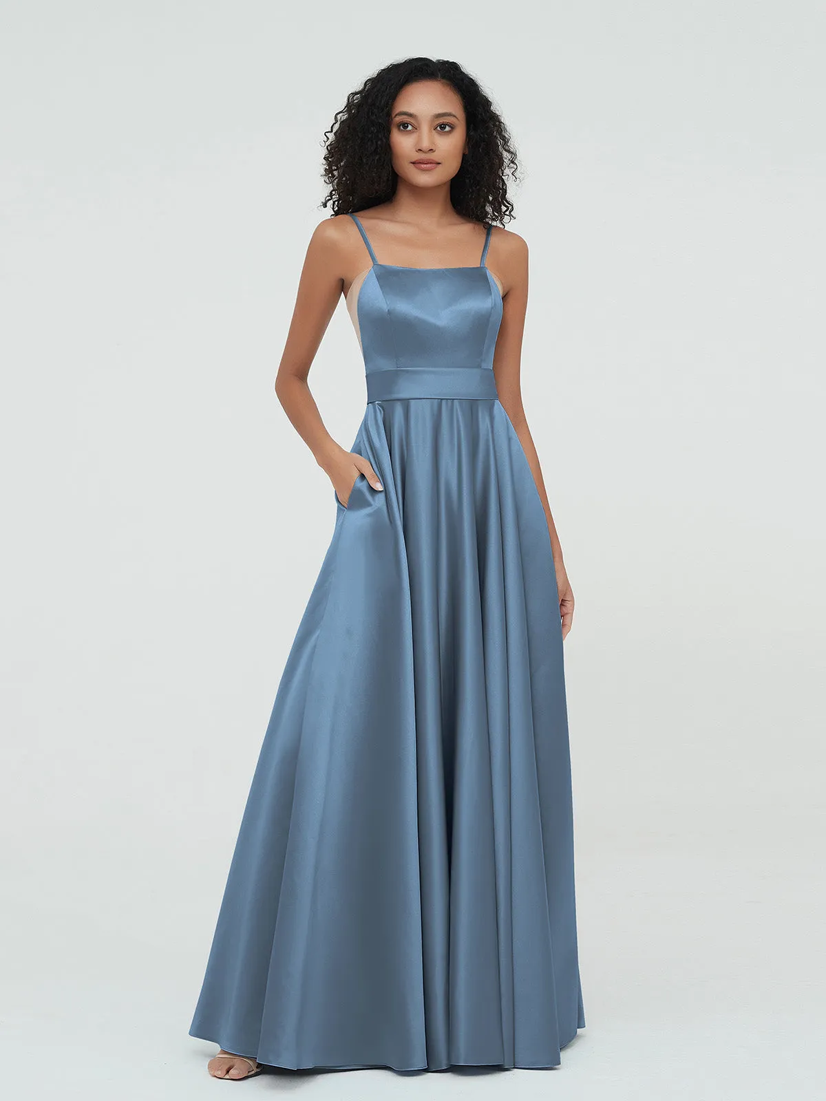 A-ligne Bretelles Spaghetti Robes Maxi en Satin Bleu de Schiste Grande Taille