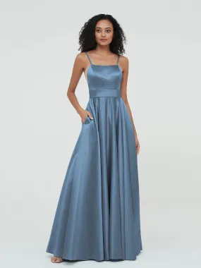 A-ligne Bretelles Spaghetti Robes Maxi en Satin Bleu de Schiste Grande Taille