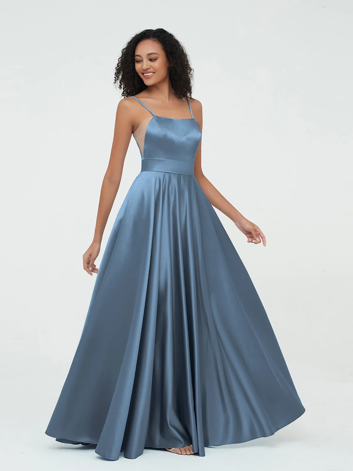 A-ligne Bretelles Spaghetti Robes Maxi en Satin Bleu de Schiste Grande Taille