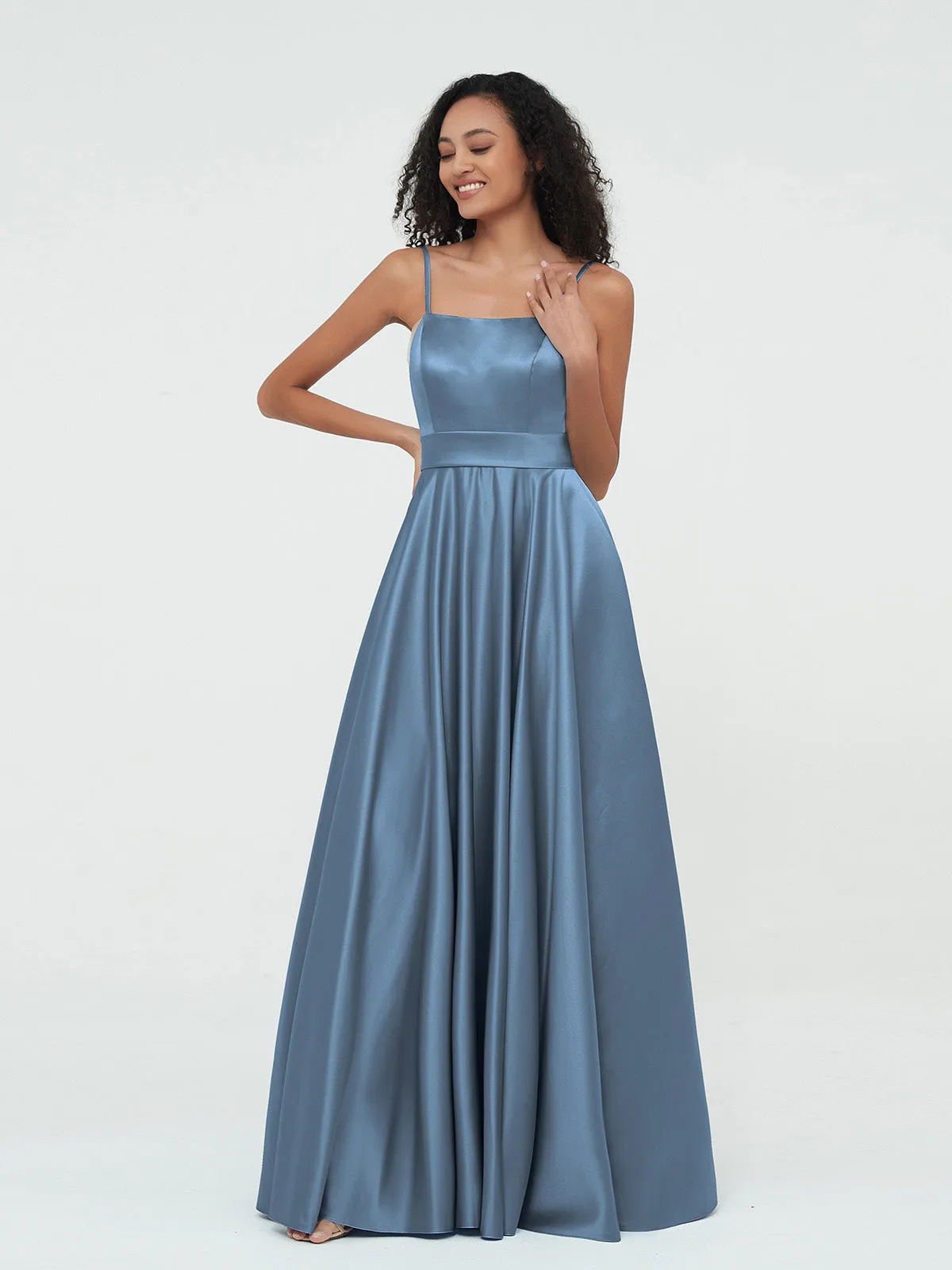 A-ligne Bretelles Spaghetti Robes Maxi en Satin Bleu de Schiste Grande Taille