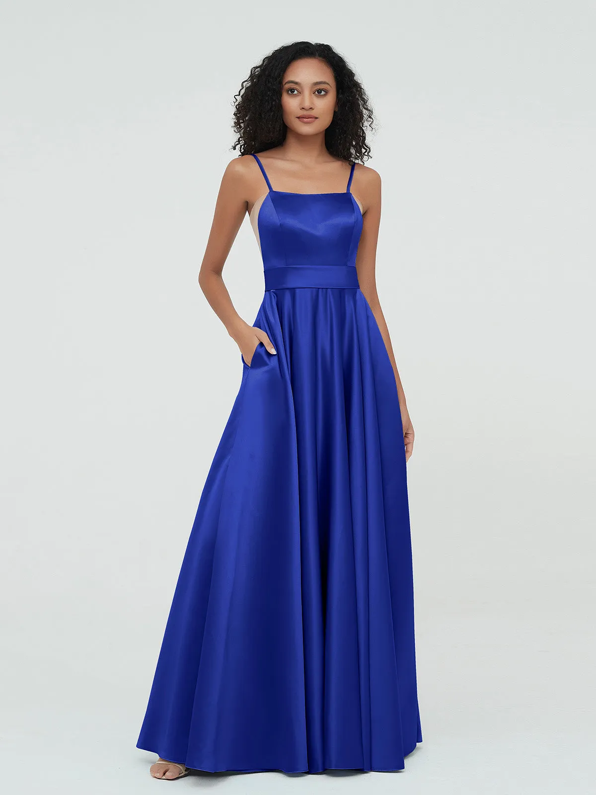 A-ligne Bretelles Spaghetti Robes Maxi en Satin Bleu Royale Grande Taille