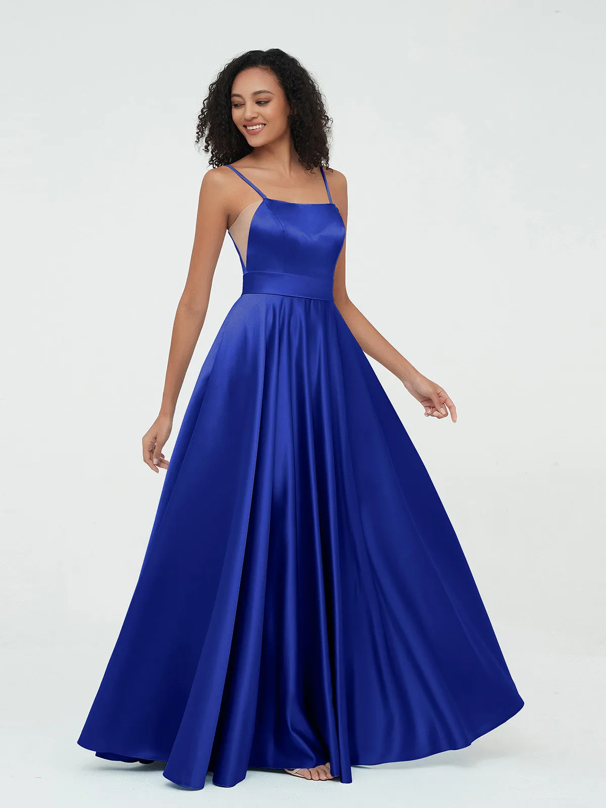 A-ligne Bretelles Spaghetti Robes Maxi en Satin Bleu Royale Grande Taille