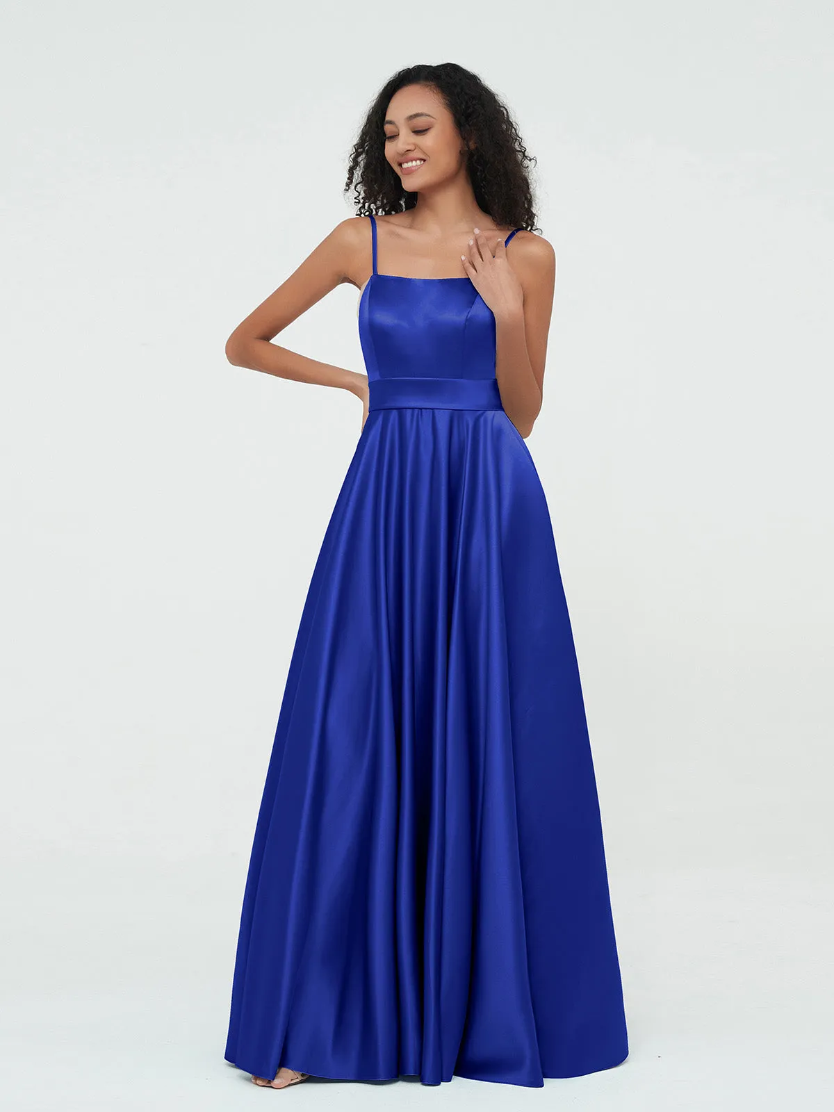 A-ligne Bretelles Spaghetti Robes Maxi en Satin Bleu Royale Grande Taille