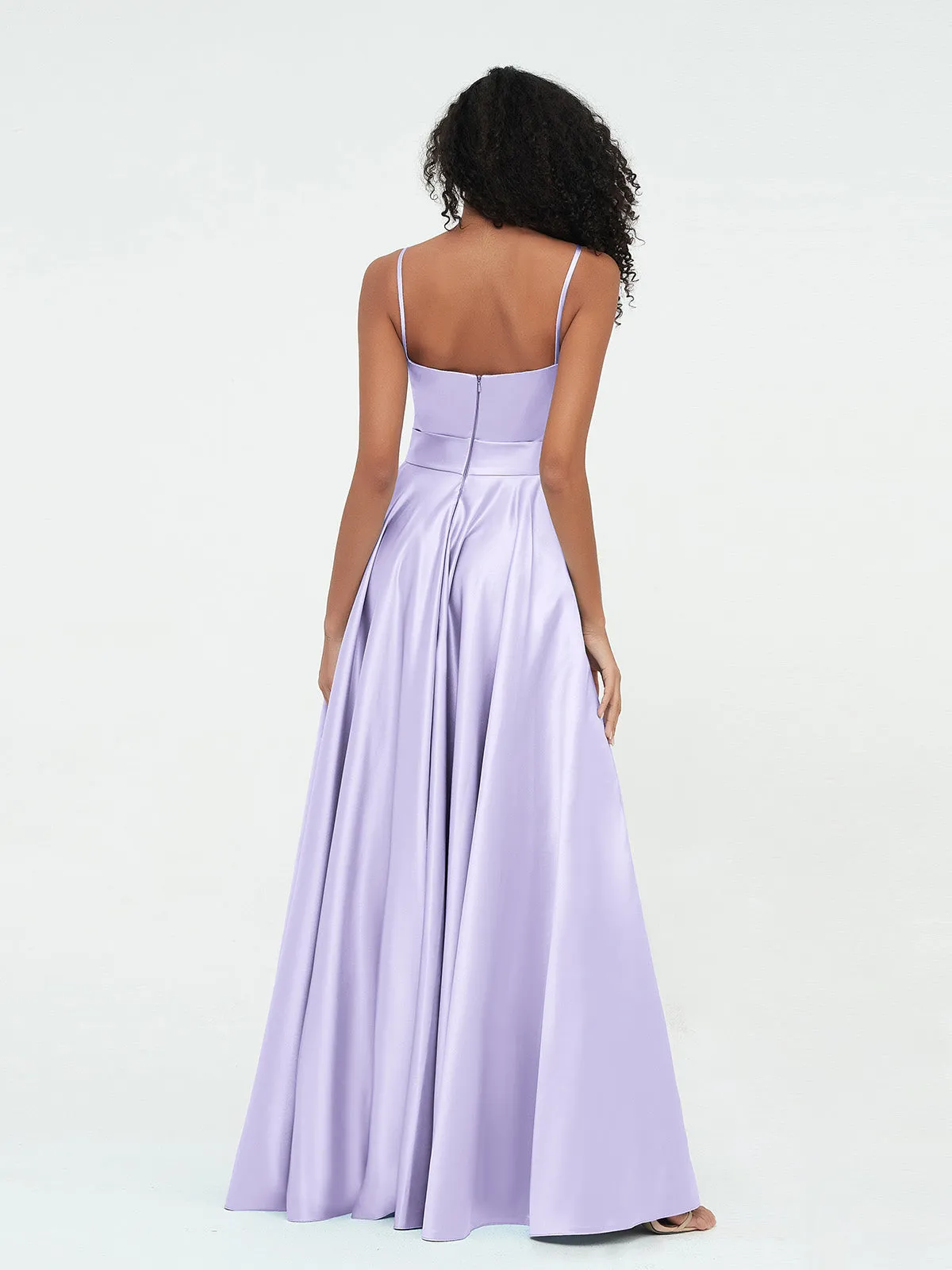 A-ligne Bretelles Spaghetti Robes Maxi en Satin Lilas Grande Taille