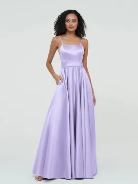 A-ligne Bretelles Spaghetti Robes Maxi en Satin Lilas Grande Taille