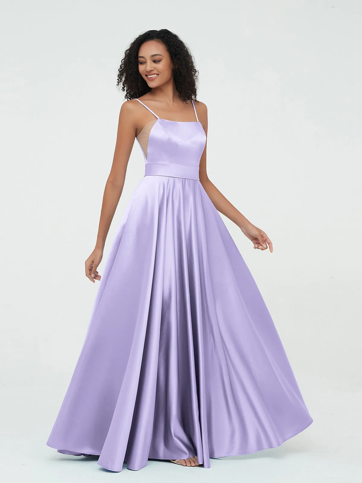 A-ligne Bretelles Spaghetti Robes Maxi en Satin Lilas Grande Taille