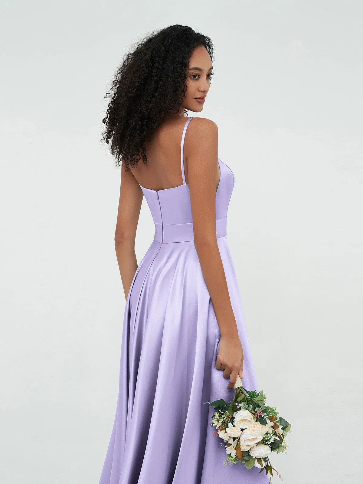 A-ligne Bretelles Spaghetti Robes Maxi en Satin Lilas Grande Taille