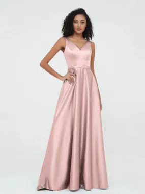 A-ligne Robes Maxi à Col en V en Satin avec Poches Rose Poudré Grande Taille