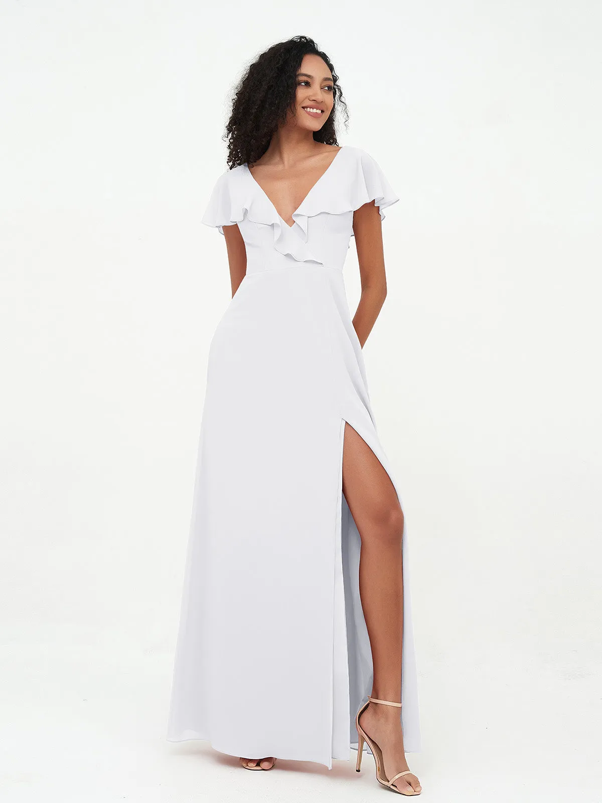 A-ligne Robes à Col en V en Mousseline avec Poches Blanc Grande Taille