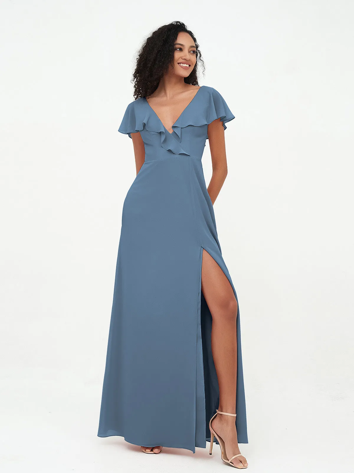 A-ligne Robes à Col en V en Mousseline avec Poches Bleu de Schiste Grande Taille