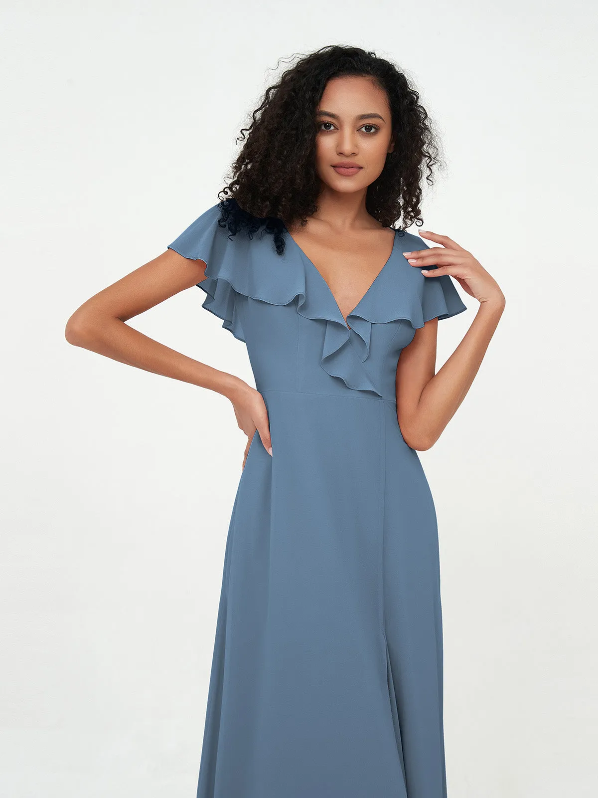 A-ligne Robes à Col en V en Mousseline avec Poches Bleu de Schiste Grande Taille