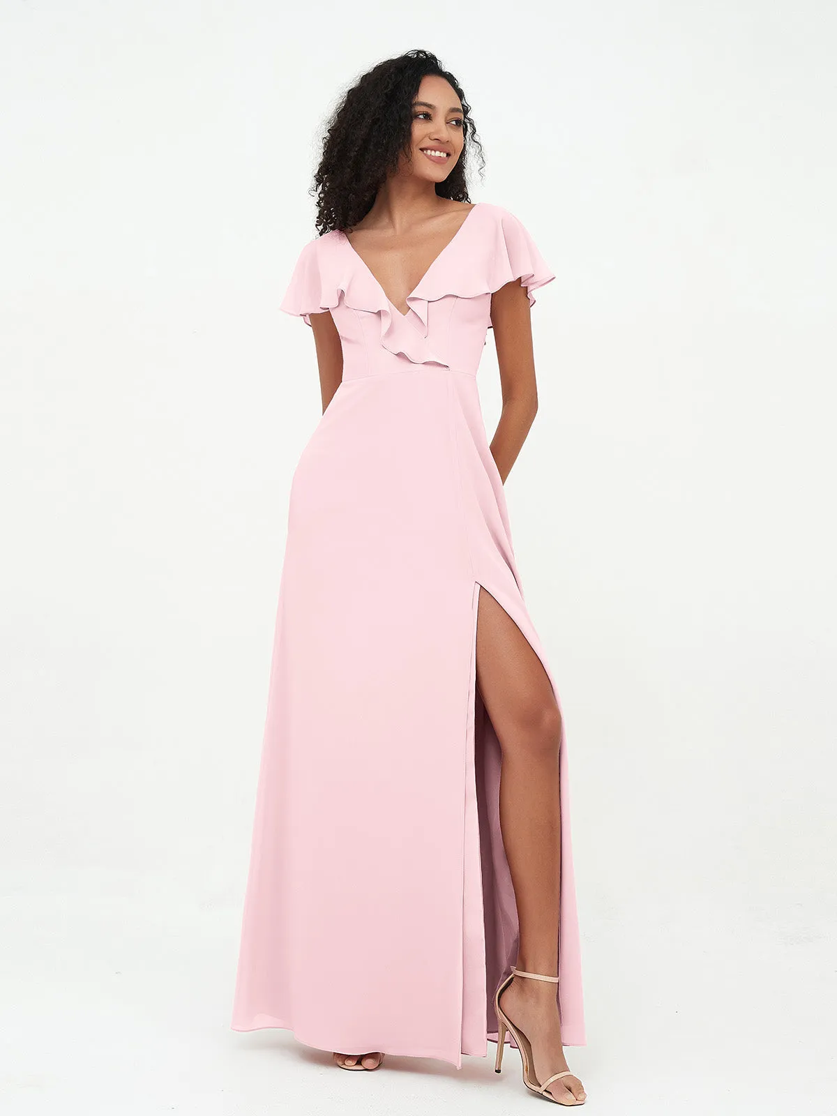 A-ligne Robes à Col en V en Mousseline avec Poches Rose Pâle Grande Taille