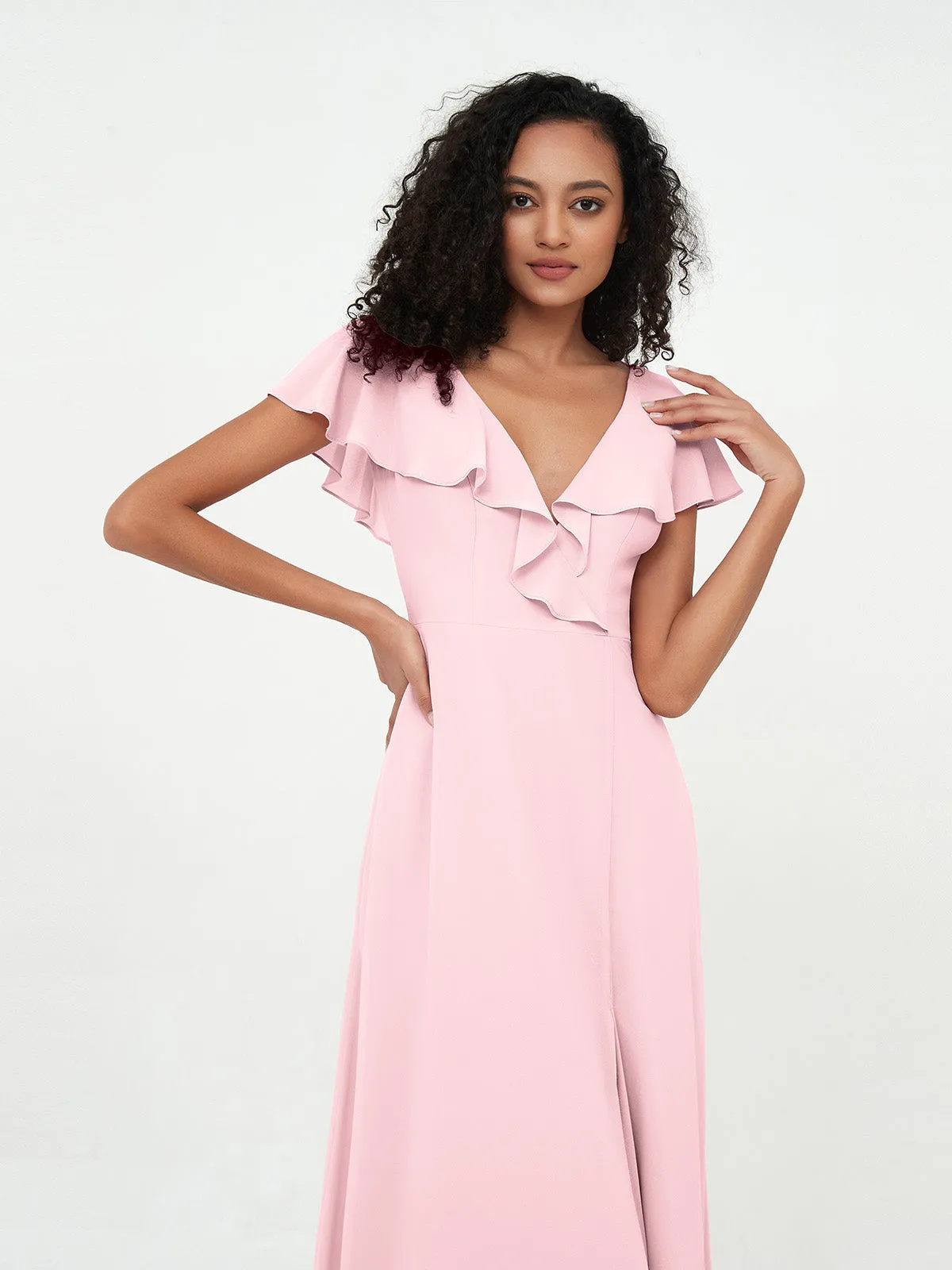 A-ligne Robes à Col en V en Mousseline avec Poches Rose Pâle Grande Taille