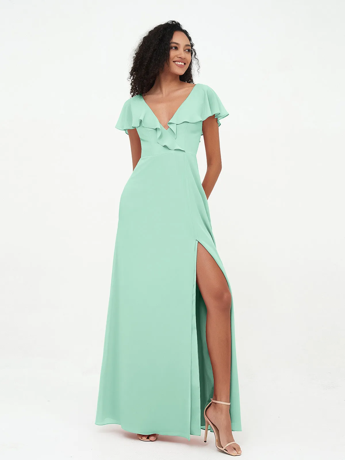 A-ligne Robes à Col en V en Mousseline avec Poches Vert Menthe Grande Taille