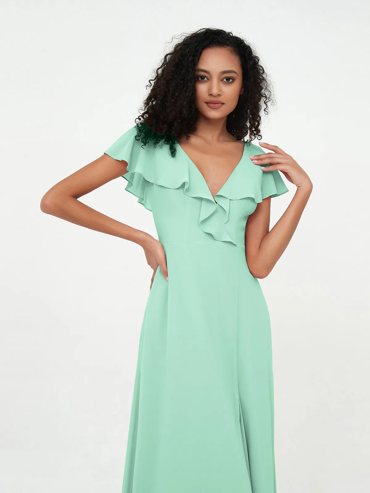 A-ligne Robes à Col en V en Mousseline avec Poches Vert Menthe Grande Taille