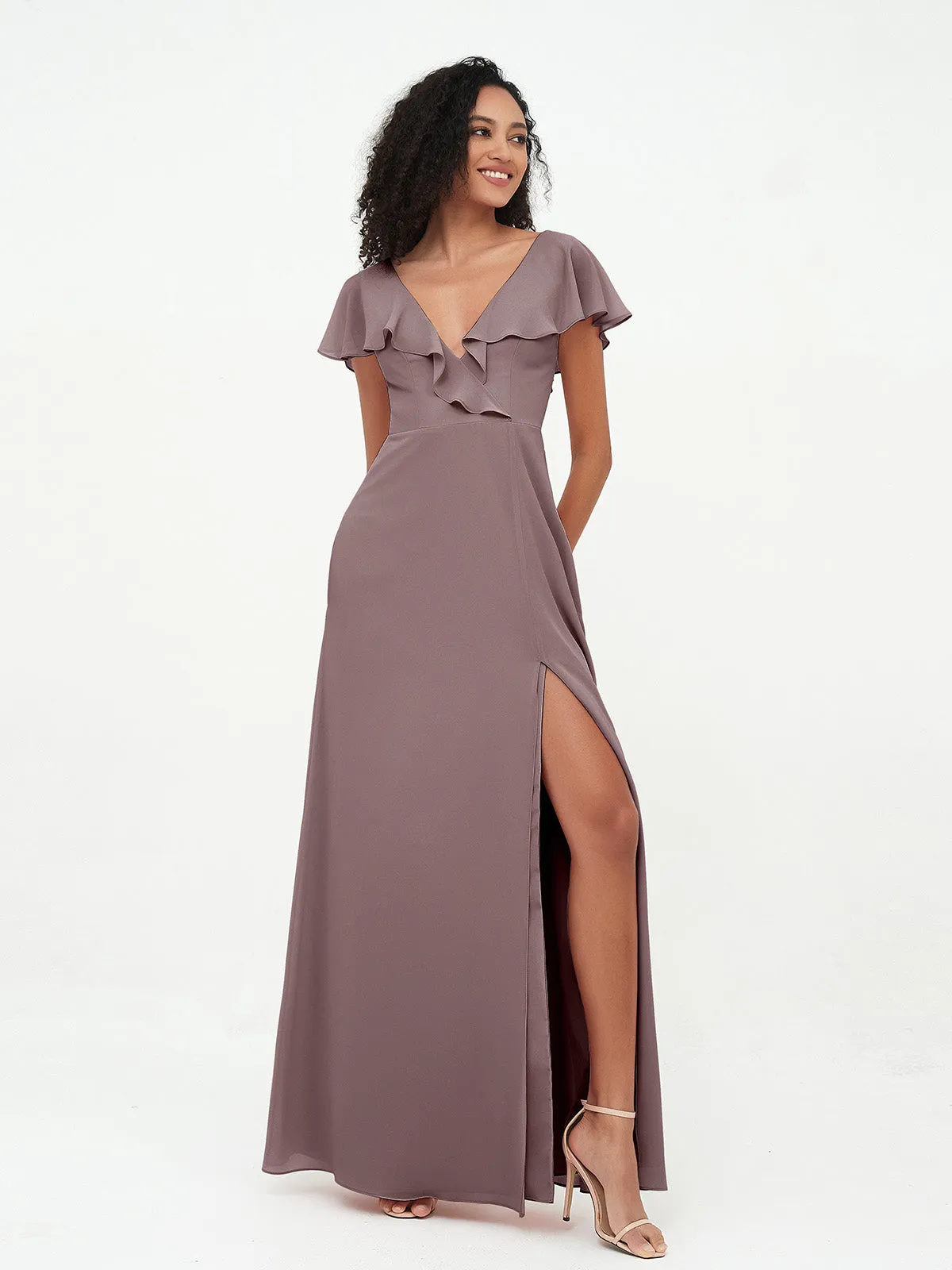 A-ligne Robes à Col en V en Mousseline avec Poches Vintage Mauve Grande Taille