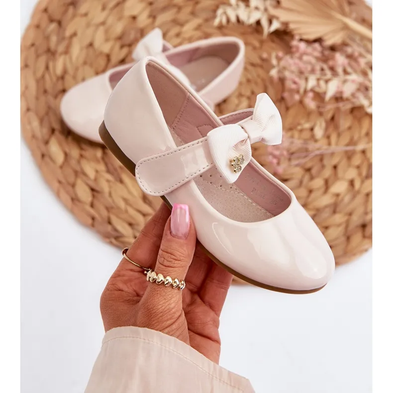 Ballerines enfant en cuir verni avec nœud velcro, rose, imitation chat