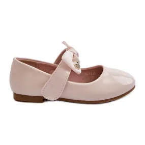 Ballerines enfant en cuir verni avec nœud velcro, rose, imitation chat