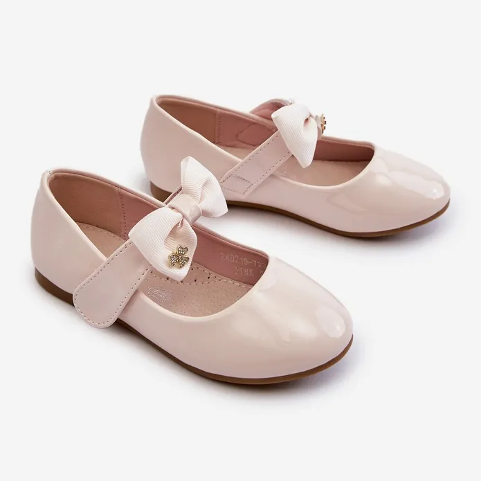 Ballerines enfant en cuir verni avec nœud velcro, rose, imitation chat