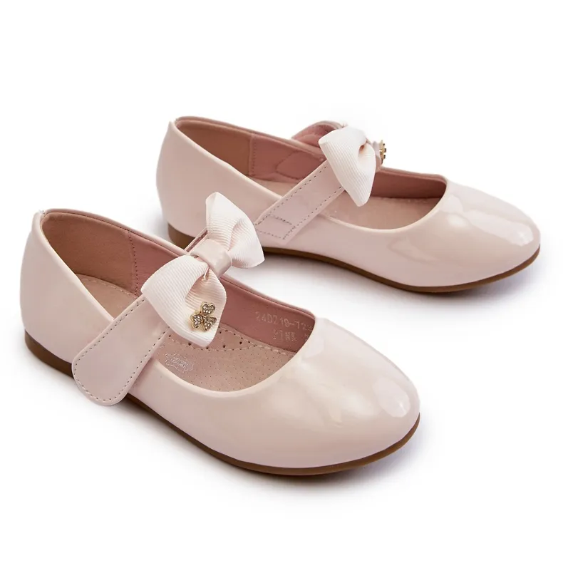 Ballerines enfant en cuir verni avec nœud velcro, rose, imitation chat