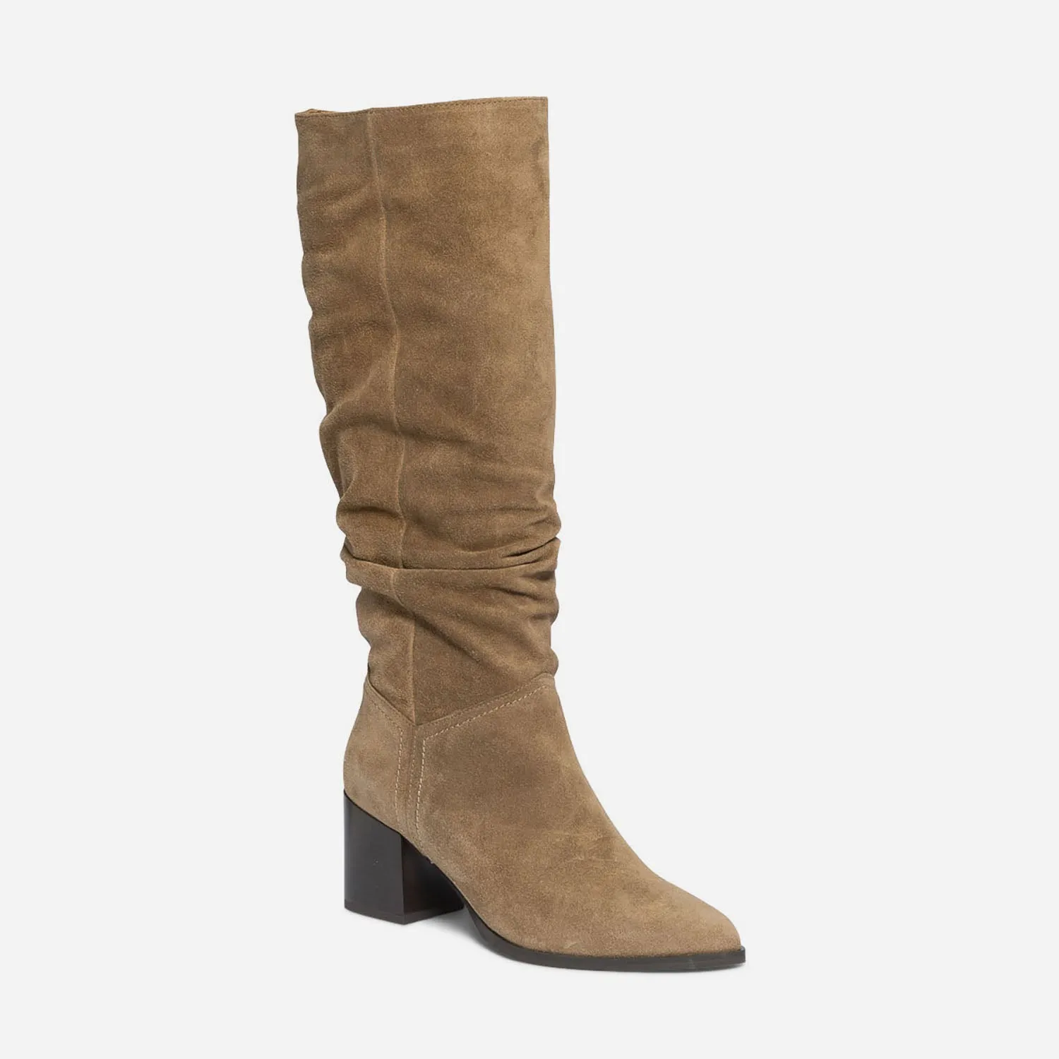 Botte TEXTO taupe en cuir velours éco-conçu à tige plissée - Bottes Femme | ERAM