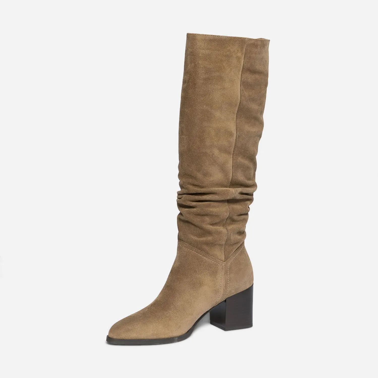 Botte TEXTO taupe en cuir velours éco-conçu à tige plissée - Bottes Femme | ERAM