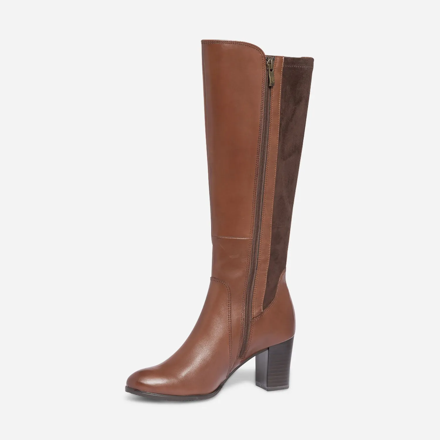 Botte à talon CAPRICE cognac en cuir et textile - Bottes Femme | ERAM