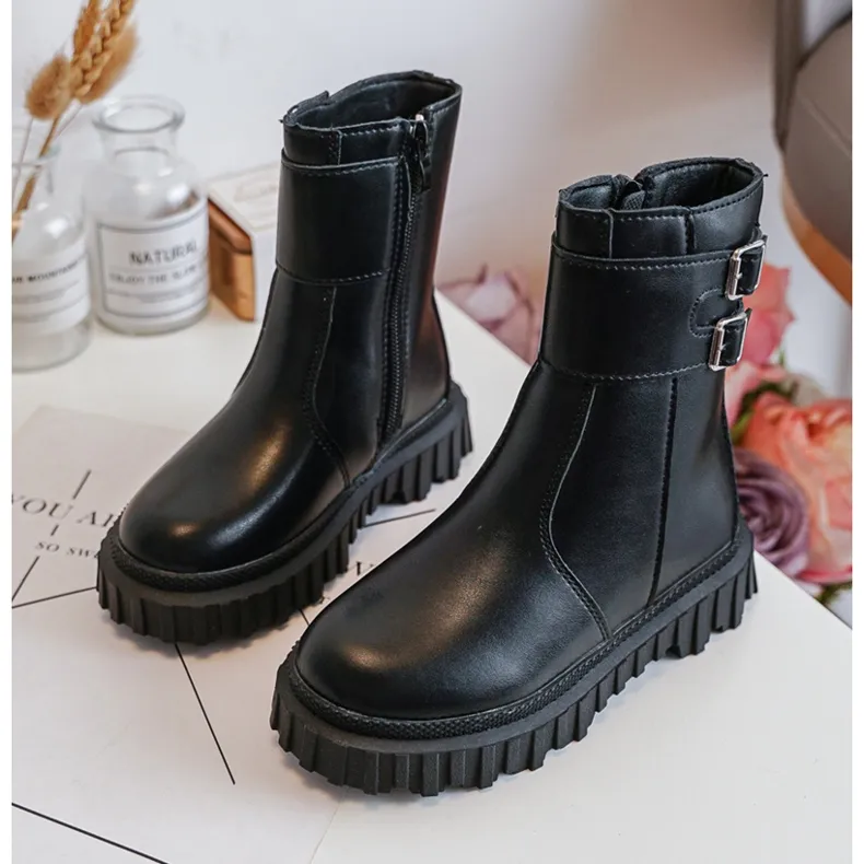 Bottes En Cuir Pour Enfants Avec Boucles Noir Chloraia le noir