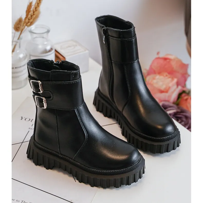 Bottes En Cuir Pour Enfants Avec Boucles Noir Chloraia le noir