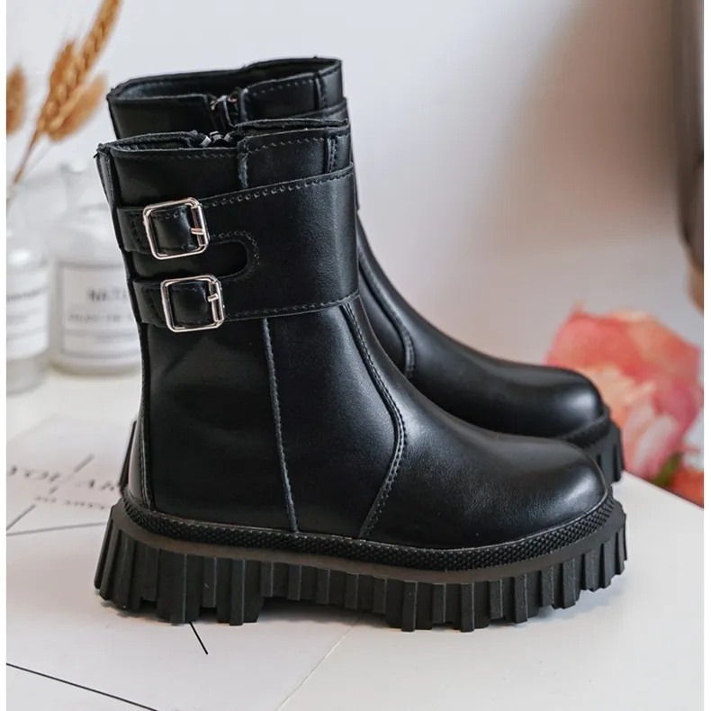 Bottes En Cuir Pour Enfants Avec Boucles Noir Chloraia le noir