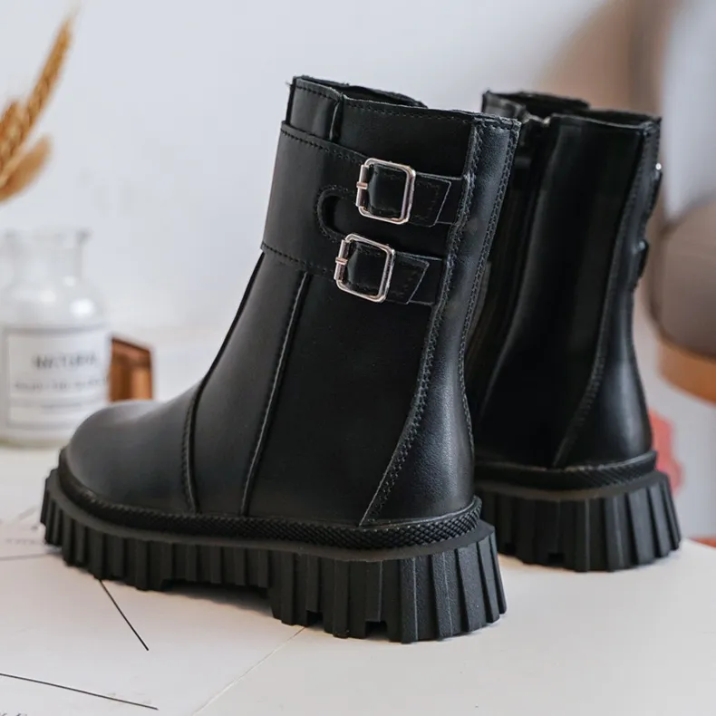 Bottes En Cuir Pour Enfants Avec Boucles Noir Chloraia le noir