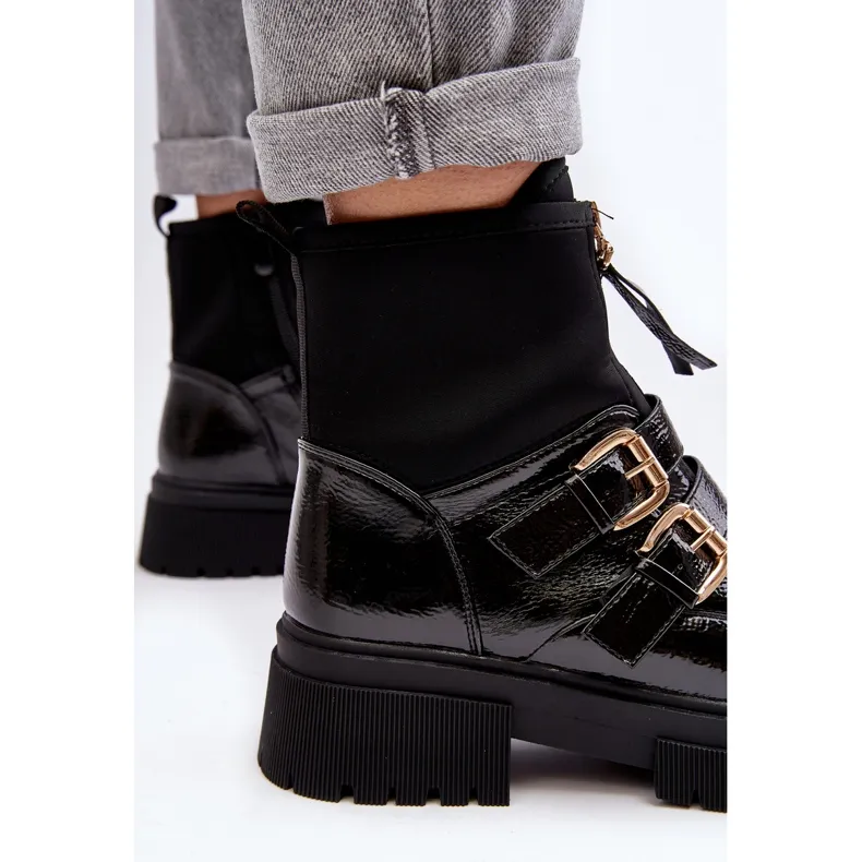 Bottes en cuir verni pour femme à talon plat, noir Rellisa le noir