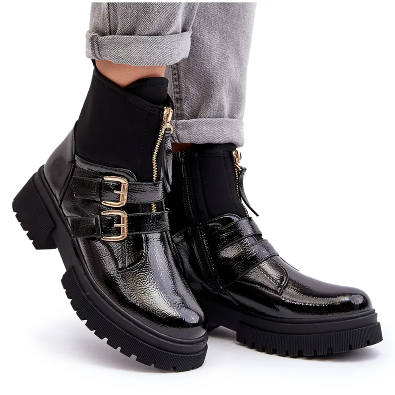 Bottes en cuir verni pour femme à talon plat, noir Rellisa le noir