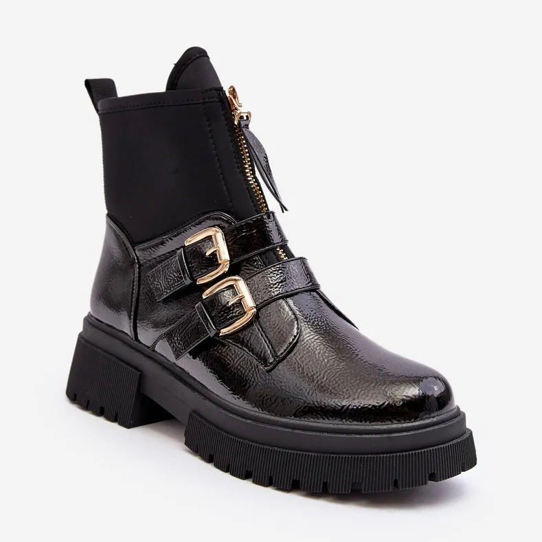 Bottes en cuir verni pour femme à talon plat, noir Rellisa le noir