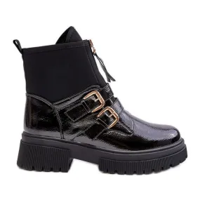 Bottes en cuir verni pour femme à talon plat, noir Rellisa le noir