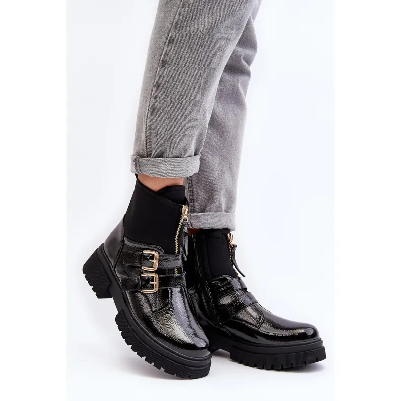 Bottes en cuir verni pour femme à talon plat, noir Rellisa le noir