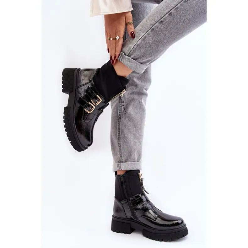 Bottes en cuir verni pour femme à talon plat, noir Rellisa le noir