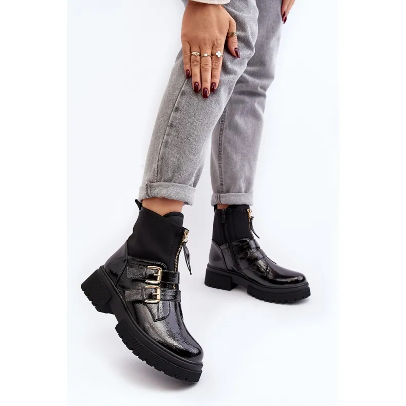 Bottes en cuir verni pour femme à talon plat, noir Rellisa le noir