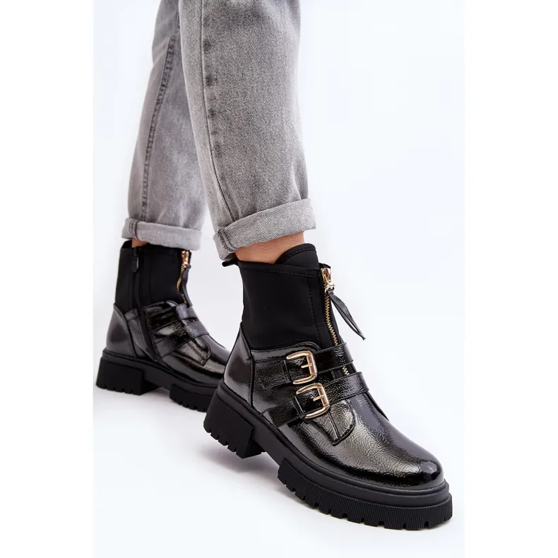 Bottes en cuir verni pour femme à talon plat, noir Rellisa le noir