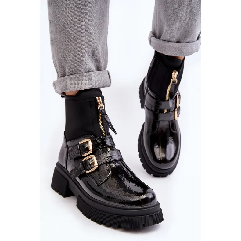 Bottes en cuir verni pour femme à talon plat, noir Rellisa le noir