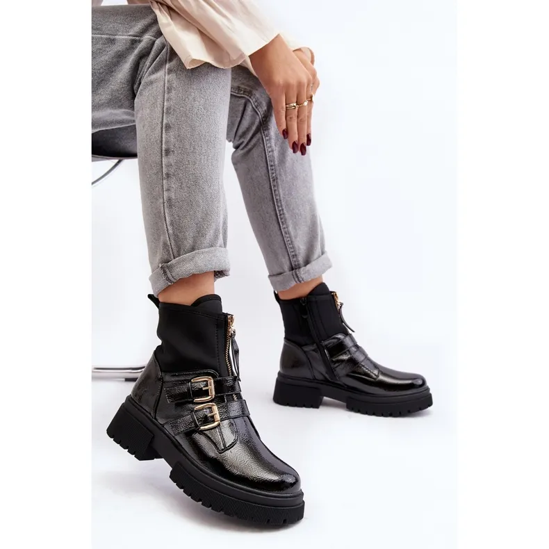 Bottes en cuir verni pour femme à talon plat, noir Rellisa le noir