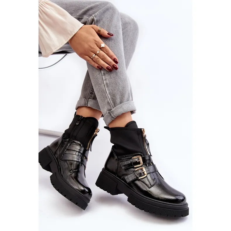 Bottes en cuir verni pour femme à talon plat, noir Rellisa le noir