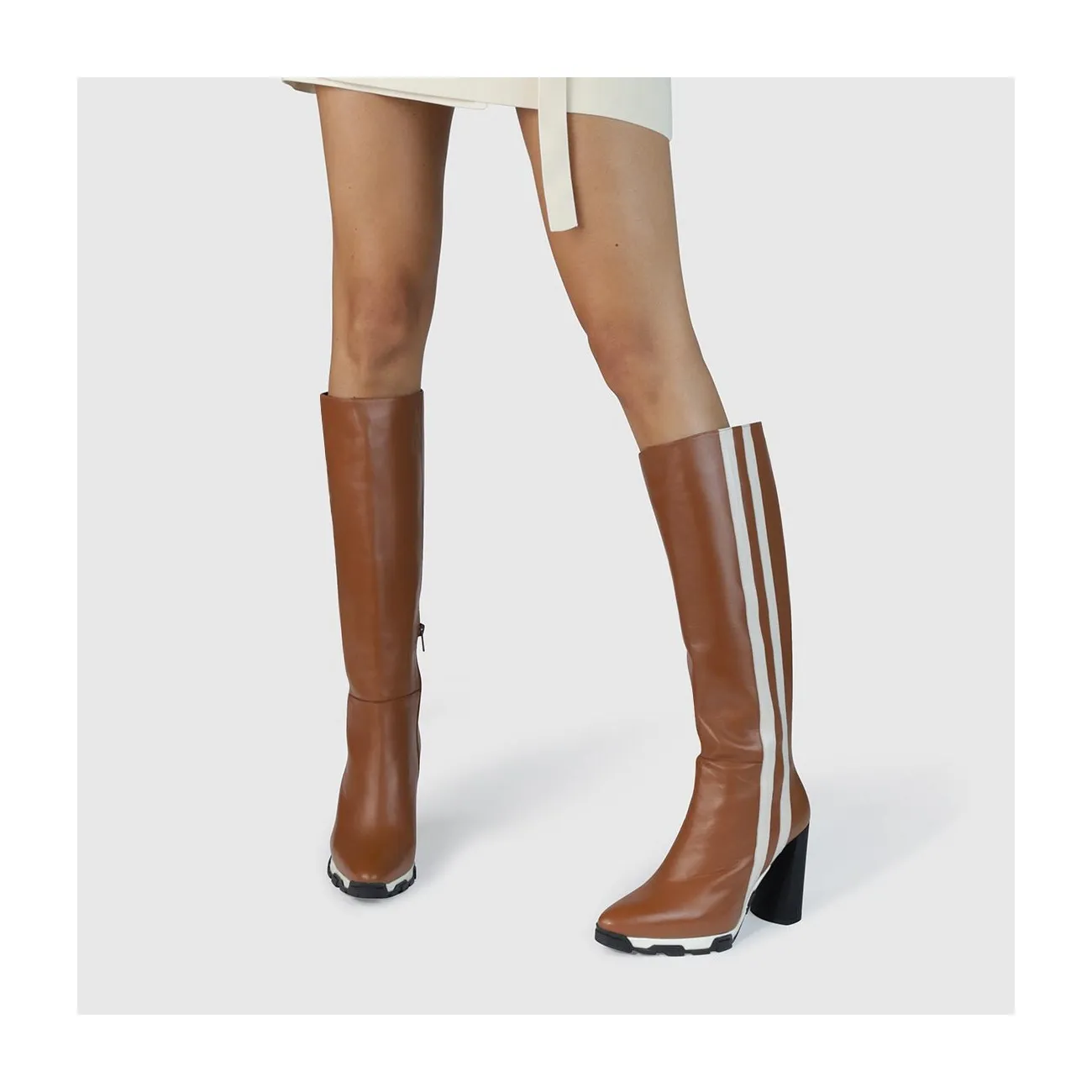 Bottes femme en cuir marron et rayures extérieures| LODI Chaussures femme en ligne.