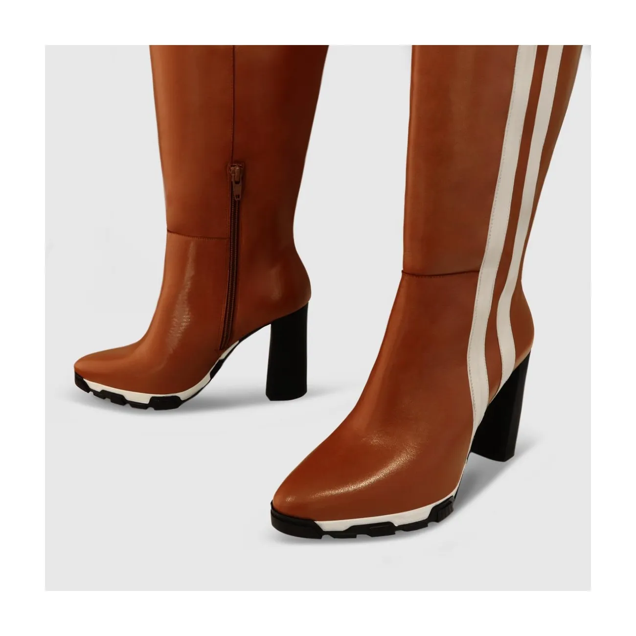 Bottes femme en cuir marron et rayures extérieures| LODI Chaussures femme en ligne.