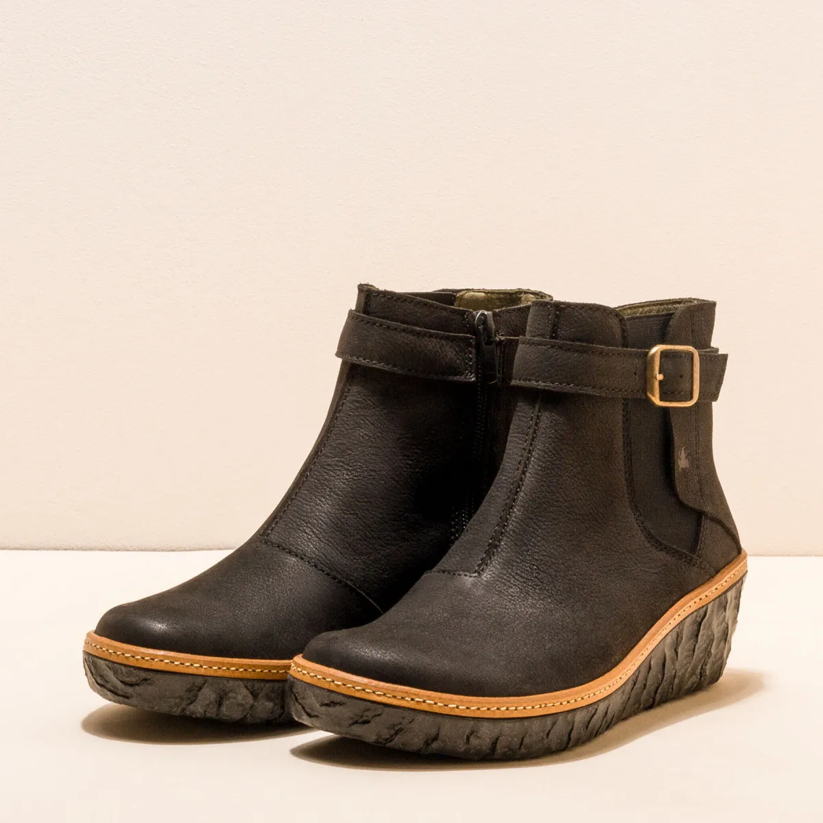 Bottines compensées en cuir à boucle - Noir