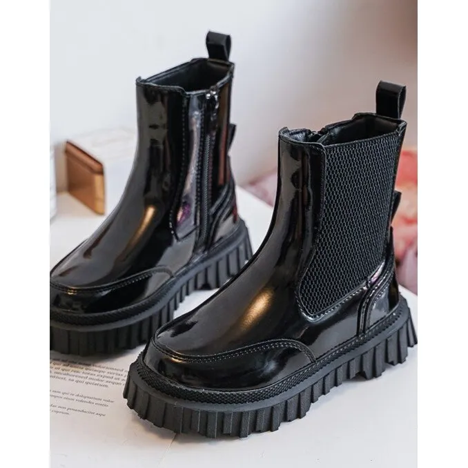 Bottines enfant en cuir verni avec fermeture éclair, chaudes, noires Jolynn le noir