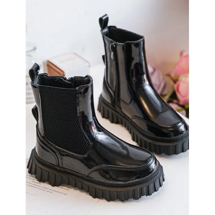 Bottines enfant en cuir verni avec fermeture éclair, chaudes, noires Jolynn le noir