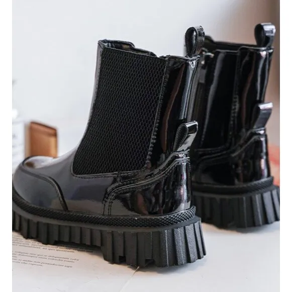 Bottines enfant en cuir verni avec fermeture éclair, chaudes, noires Jolynn le noir