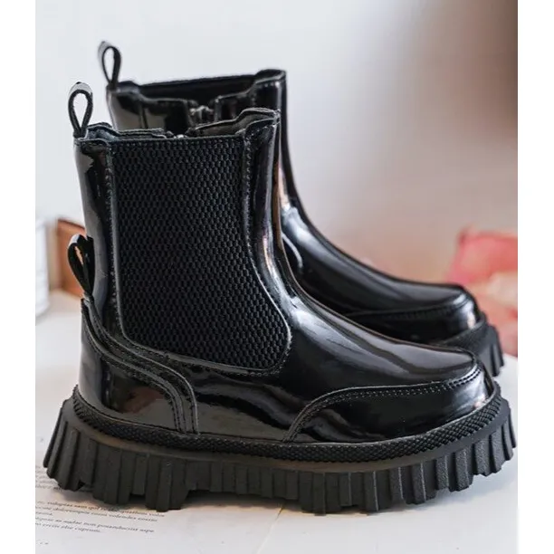 Bottines enfant en cuir verni avec fermeture éclair, chaudes, noires Jolynn le noir