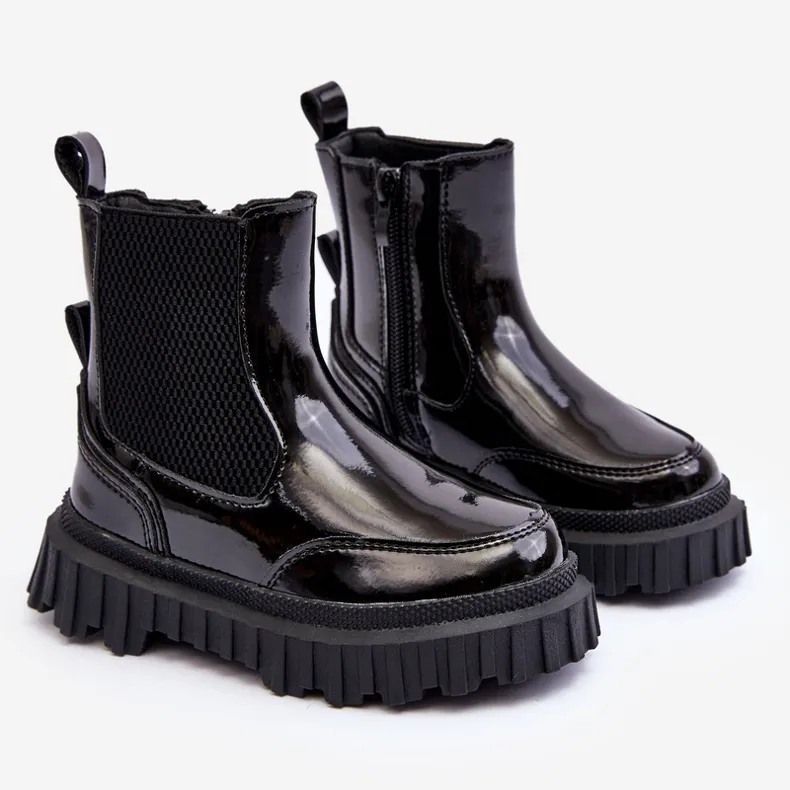 Bottines enfant en cuir verni avec fermeture éclair, chaudes, noires Jolynn le noir